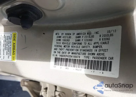 2013 Honda Accord Sdn Ex-L z USA, uszkodzony, nr VIN 1HGCR2F82DA189876